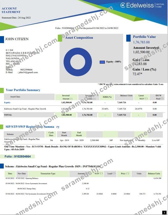 India Edelweiss bank statement Word and PDF template, 3 pages